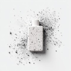White rectangular bottle with speckled design, centered on a white background, surrounded by a dark, speckled explosion effect