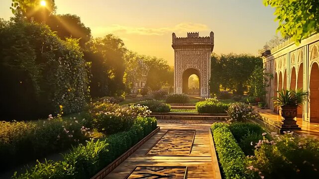 Serene garden at sunset with vibrant flowers, ancient archway, and lush greenery in the background