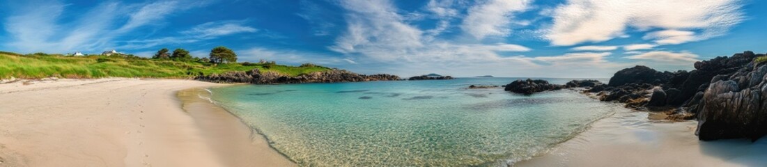 Fototapeta premium Tranquil beach scene with crystal-clear water and dramatic rocks