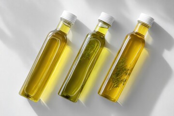 Three glass bottles of golden-hued oil, two clear, one with herbs, sit on a white surface under soft light