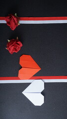 Independence Day Indonesia banner mockup with two roses, Indonesia flag color ribbon and heart...