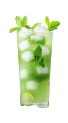 Refreshing Iced Matcha Tea with Mint and Ice Cubes on Transparent Background

