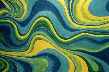
An experimental 1970s photograph depicting blue and yellow, green waves in space.

