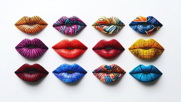 Colorful lip art arranged in a grid pattern. Each lip features a unique, vibrant design - Powered by Adobe