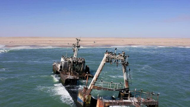 Zeila Shipwreck in Namibian coastline in south Atlantic ocean, aerial closeup