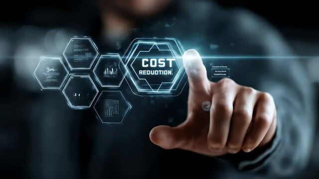 Man in Black Long Sleeve Shirt Touching a Glowing Blue Cost Reduction Button Displaying Business Strategy Financial Data and Technology