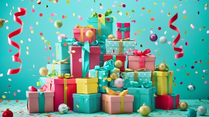 A joyful pile of colorful gift boxes tied with playful ribbons, evoking childhood excitement and wonder.