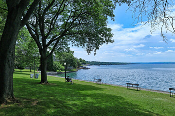 Skaneatles Lake, one of the Finger Lakes in New York State, waterfront park in Skaneatles Village