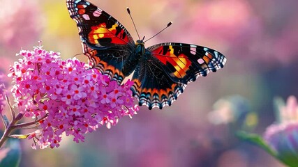 Red admiral butterfly Vanessa atalanta feeding on nectar from pink flowers in a sunny garden, Red admiral butterfly (Vanessa atalanta) drinking nectar on pink Buddleia flowers in summer