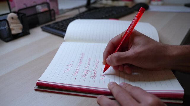 Person completing handwritten task list in red pen—perfect for productivity, organization, planning, or study visuals. - Powered by Adobe