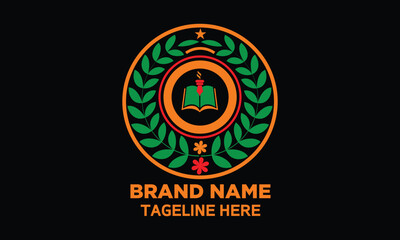 Educational Emblem Logo with Book, Torch, and Laurel Wreath