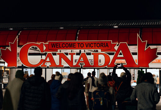 Crowd Entering Canada Border in Victoria BC 