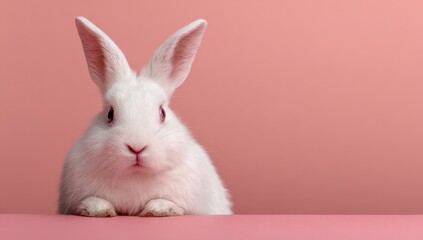 Cute white rabbit on pink background
