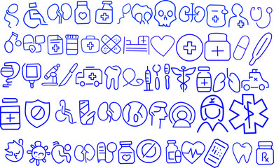 Set of 50 blue medical and healthcare line icons including doctor, pills, wheelchair, syringe, ambulance, heart, and virus in modern outline style.