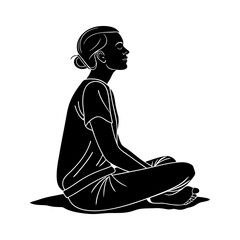 Stylized black silhouette of a woman meditating peacefully in a seated cross legged position with eyes closed