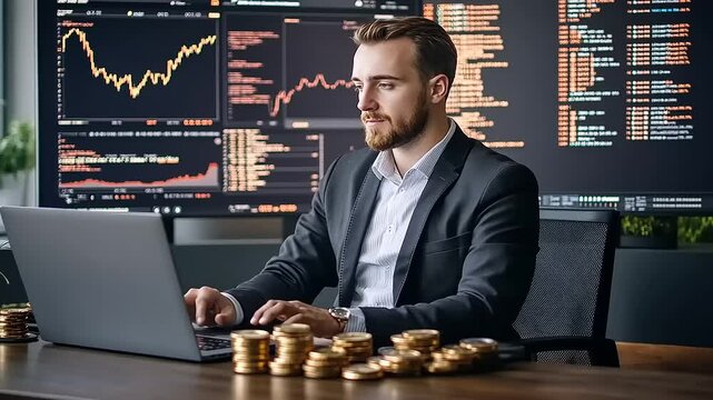 Businessman analyzing financial data on laptop with cryptocurrency coins in modern office setting