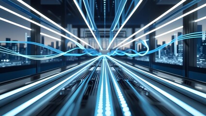 Digital Highway: A breathtaking digital cityscape showcasing the relentless flow of data through a futuristic thoroughfare, lines of data stream with speed.