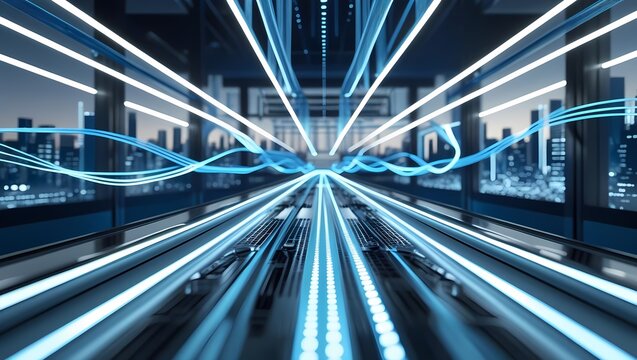 Digital Highway: A breathtaking digital cityscape showcasing the relentless flow of data through a futuristic thoroughfare, lines of data stream with speed.
