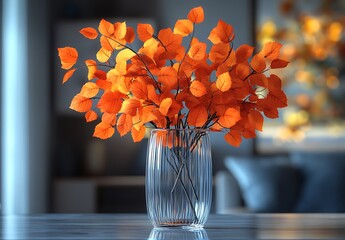 Glass Vase with Bright Orange Leaves on Reflective Surface

