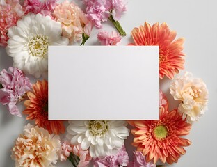 
Blank white card mockup surrounded by colorful flowers on the edges, flat lay, top view, white background, 