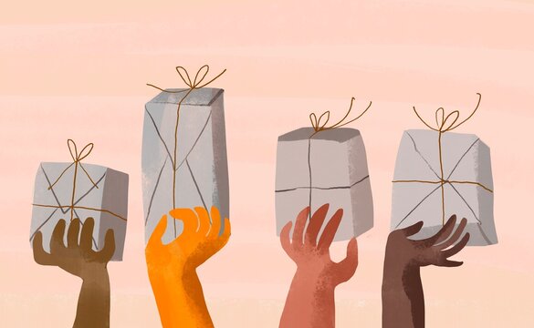 people hands holding package boxes