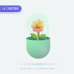 3D Vector flower with Green Leaf Plant Capsule
