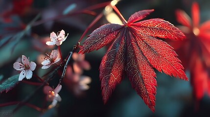 Vibrant red japanese maple leaf with delicate white cherry blossoms in soft focus