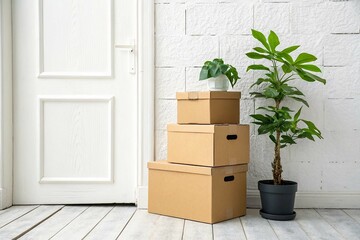 Stacked Cardboard Boxes with a Green Plant Against a White Wall on White Background