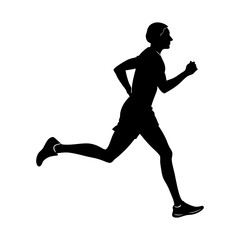 Silhouette of a male runner in mid stride showcasing athletic movement and healthy lifestyle against a clean white background