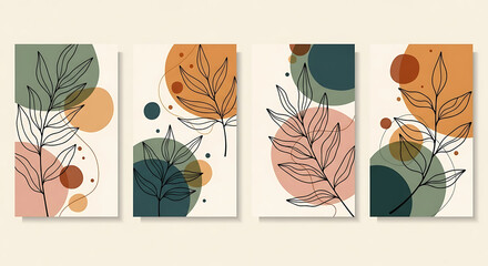 Elegant minimalist botanical wall art featuring leaves and abstract geometric shapes in earth tones