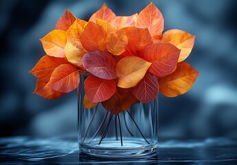 Glass Vase with Vibrant Autumn Leaves on Bluish-Gray Backdrop

