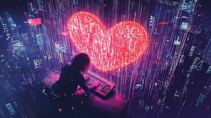 Futuristic cityscape with a glowing heart symbol, a person typing at a keyboard in a digital world - Powered by Adobe