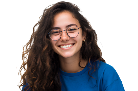 Smiling young woman in blue T-shirt portrait with transparent background