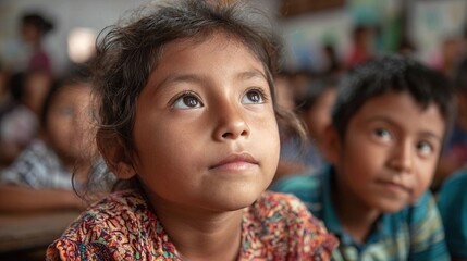 Migrant children attending school for the first time, expressions of curiosity and excitement, sense of educational opportunity and inclusion, classroom setting with diverse students. High quality