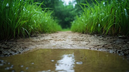 Fototapeta premium Tranquil Pathway Through Grass Under Rainy Atmosphere in Nature