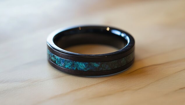 Close-up of a black tungsten ring with a teal inlay