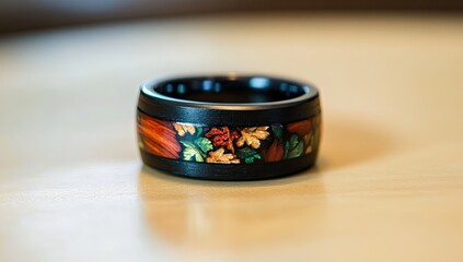 Close-up of a dark, polished ring.  Autumnal wood inlay