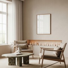 Fototapeta premium Mockup poster frame in elegant minimal living room with stone coffee table, wooden chairs, and warm candlelight ambiance