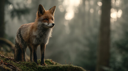 Fototapeta premium A red fox standing alert on a mossy hill at dusk, realistic lighting, blurred background of misty forest, camera zoomed in on the fox’s curious expression, cinematic atmosphere, soft focus edges.