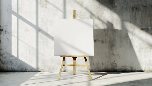 Blank canvas on easel in sunlit studio