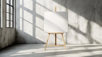 Blank canvas on easel in sunlit industrial space