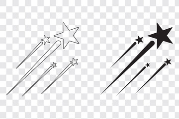 Shooting stars icon vector set. Black falling stars icon. Meteorite and comet symbols.  Flying comet with tail, falling meteor, abstract galaxy element. Vector illustration.