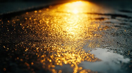 Sparkling Water Drops on Wet Pavement Reflecting Golden Light