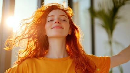 Young Woman with Red Hair Enjoying Sunshine in Bright Interior