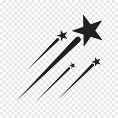 Shooting stars icon vector set. Black falling stars icon. Meteorite and comet symbols.  Flying comet with tail, falling meteor, abstract galaxy element. Vector illustration.