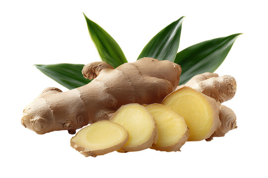 Fresh ginger root with slices and leaves