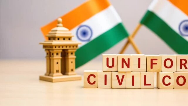 Concept of One law for all called Uniforn Civil code or UCC in Indian constitution in wooden block letters and Indian flag as a background.