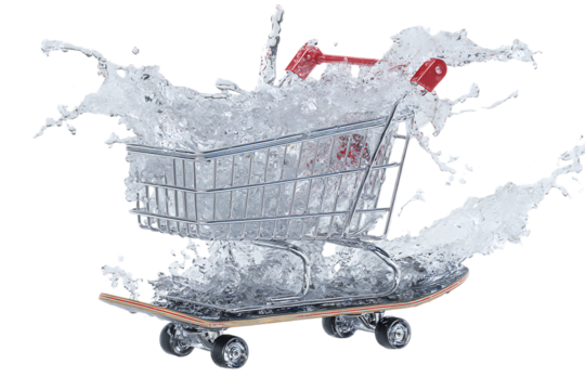 Shopping cart on skateboard splashing water