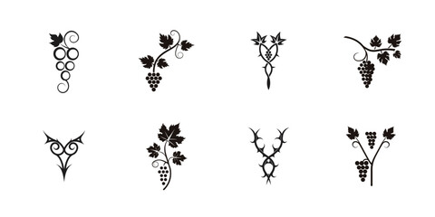 Black grapevine decorative icons set, silhouette vector collection with elegant fruit plant illustrations, winery logo symbols, minimal line art graphics

