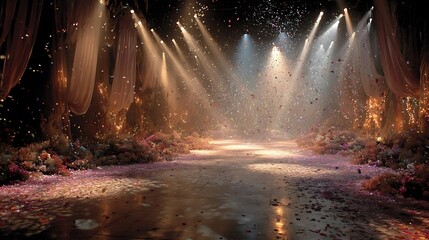 Fototapeta premium Magical stage with falling confetti and spotlights illuminating floral decorations